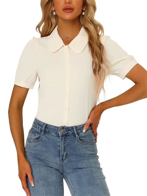 Allegra K Women's Collared Top Peter Pan Collar Short Sleeve Button ...