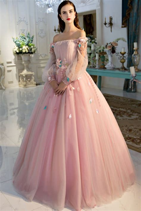 Pink off shoulder tulle long prom dress, sweet 16 dress | Fairy prom ...