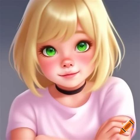 Anime girl with blonde hair and green eyes, crossed arms in pink t ...