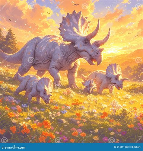 Triceratops Family, Featuring The Iconic Three-horned Herbivores In A ...