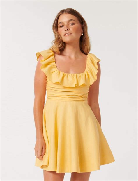 Ashlee Petite Ruffle-Neck Mini Dress in Yellow - Size 4 to 16 - Women's ...