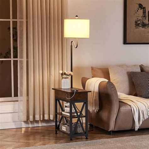 17 Stories Rustic Brown Floor Lamp With Flip Top Side Table, USB ...