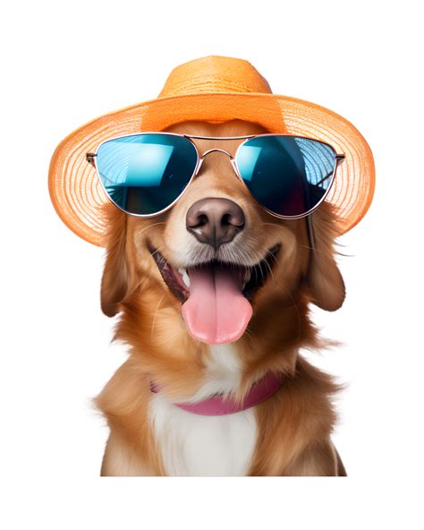 close-up photo of a happy dog wearing a summer hat and cool looking ...