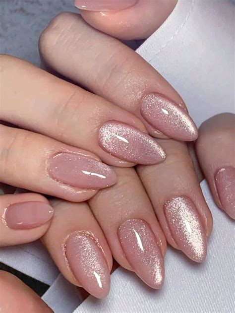 Cat Eye Press On Nails Medium Almond Acrylic Nails Pink Glossy Fake Nails Nude Full Cover Glue ...