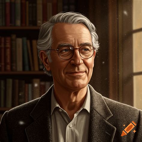Portrait of an older man with gray hair and glasses in a library. on ...