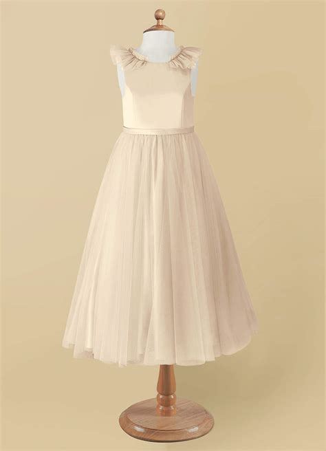 Champagne Azazie Dolly A-Line Bow Tulle Ankle-Length Dress | Azazie