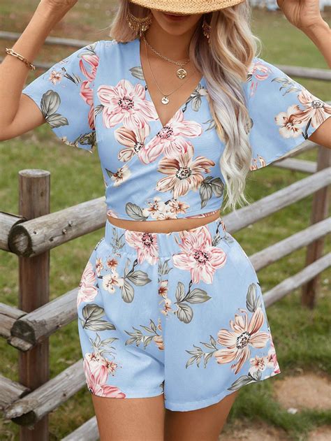 Women's Ruffled Short Sleeve Wrapped Top And Shorts Embroidered ...