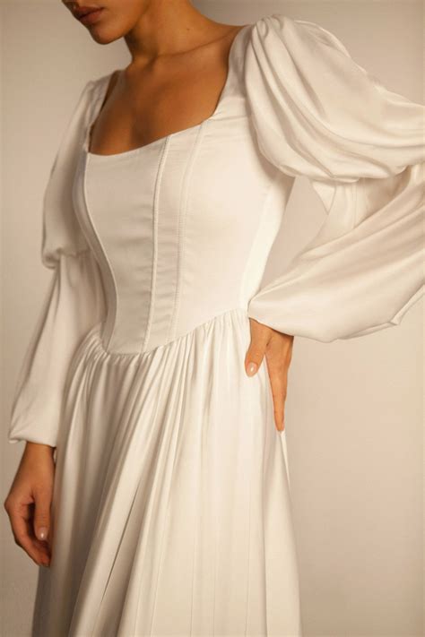 Square Neck Satin Wedding Dress A Line Long Puff Sleeve Wedding Dress Square Neckline Wedding ...