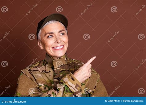 Photo Portrait of Attractive Mature Woman Army Soldier Point Look Empty ...