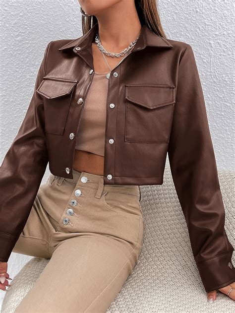 SHEIN PETITE Jaquetas Bolso com aba Colheita PU | Kleding, Leuke kleren ...