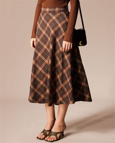 The Brown Elastic Waist Plaid A-Line Midi Skirt & Reviews - Brown ...