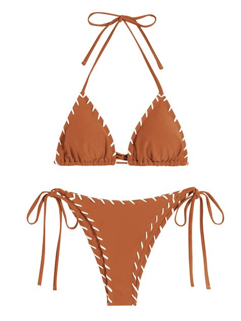 ZAFUL Women Bikini Set Two Piece Twisted Trim Tie Back Halter Cheeky ...