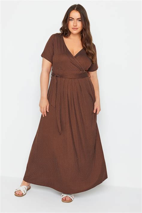 YOURS Plus Size Brown Dot Print Maxi Wrap Dress | Yours Clothing