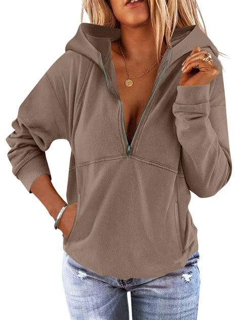 PGANDS Women's Long Sleeve Fleece Lined Hoodies Half Zip Collar Zipper Loose Hooded Sweatshirts ...