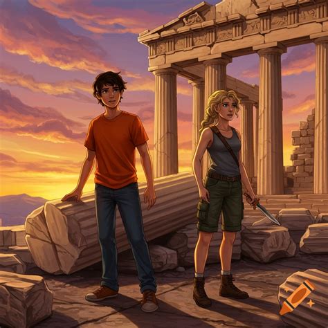 Percy Jackson and Annabeth Chase among ancient ruins at sunset. on Craiyon