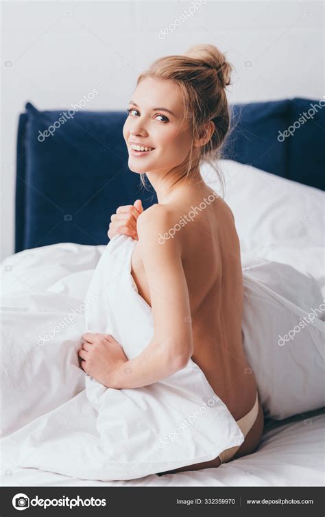 Beautiful Happy Naked Woman Sitting Bed Morning Stock Photo by ...