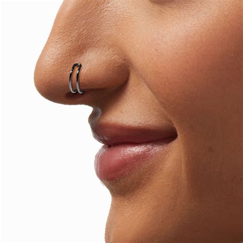 Silver-tone Stainless Steel Double Hoop Faux Nose Ring | Claire's