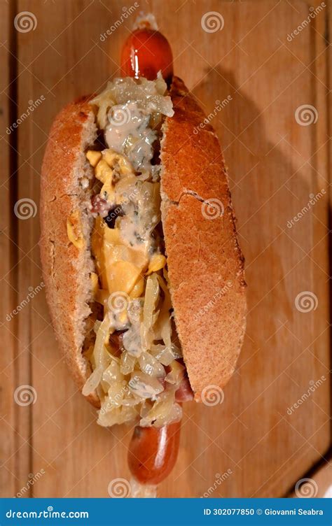 German Hot Dog with Sausage Bread and Sauerkraut Street Food Fast Food ...