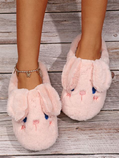 Cartoon Embroidered Rabbit Design Fluffy Novelty Slippers | Cute ...