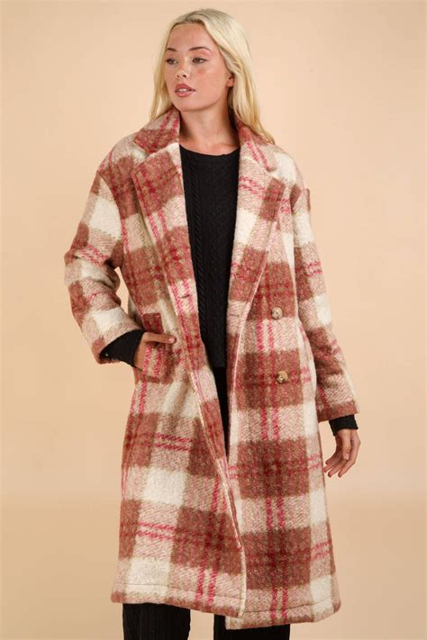 Raya -Oversized Plaid Soft Fuzzy Button Down Long Coat - Rose | Plaid ...