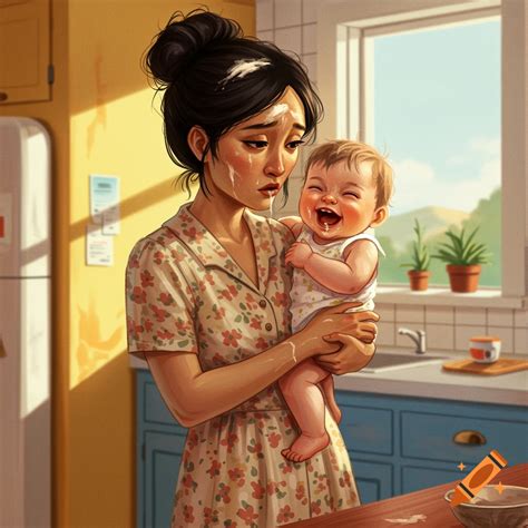 Tired woman in kitchen holding baby with spit up in her hair on Craiyon