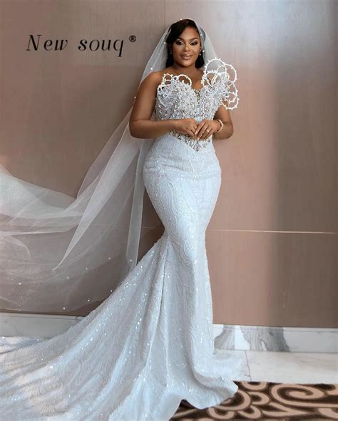 African Plus Size Mermaid Wedding Dresses for Black Women White Pearls Beaded Sequins Bridal ...