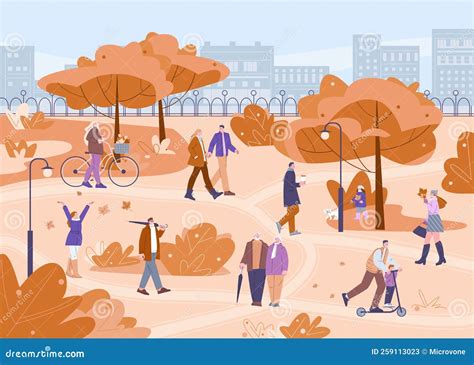 People Crowd Walking in City Park. Autumn Outdoor Time, Couple Woman ...