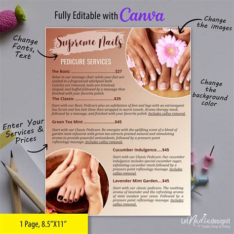 Nail Salon Pedicure Menu Template | Price List (canva Editable) - Etsy