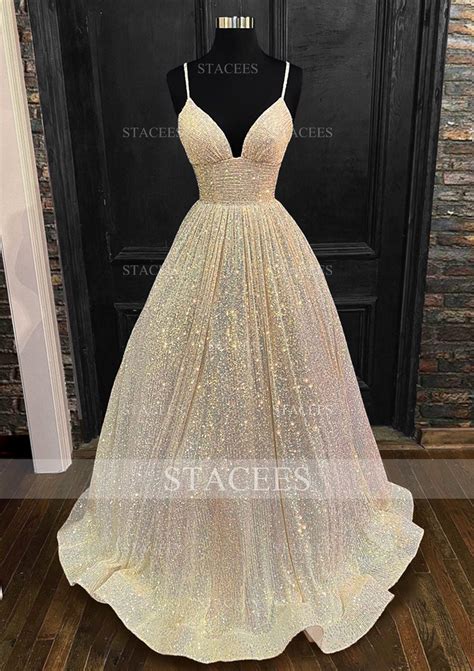 Princess A-line V Neck Long/Floor-Length Sequined Prom Dress With ...
