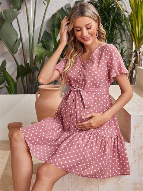 Maternity Polka Dot Ruffle Hem Belted Dress | Cute maternity dresses ...