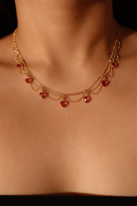 14K Real Gold Plated Double Layer pink Gemstone Heart Necklace ...