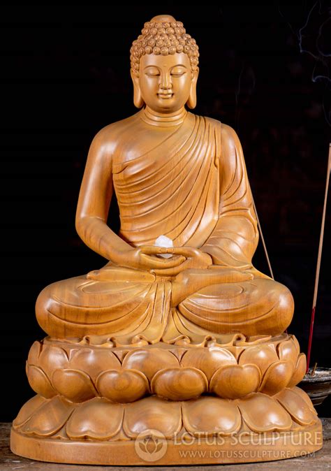 Hand-Carved Wooden Buddha Statue 20" - Wearing Full Robes in Dhyana ...