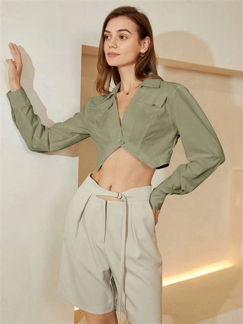 Solid Button Front Crop Shirt | Crop shirt, Crop shirts for women ...