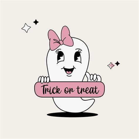 Cute cartoon ghost girl with pink bow in vintage style, groovy ...