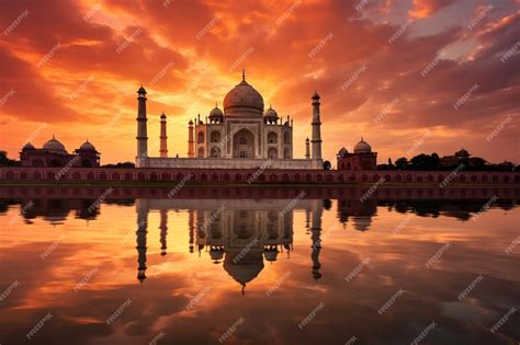 Premium Photo | Panoramic view of Taj Mahal during sunset reflected in Yamuna river in Agra ...