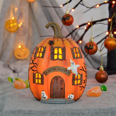 LED Pumpkin House Ghoulish Greetings Halloween Decoration 19cm ...