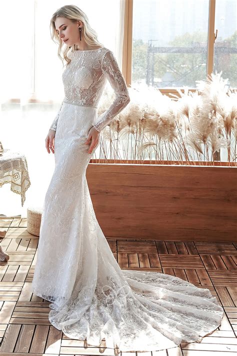 Charming Illusion Lace Long Sleeve Open Back Bridal Dress - VQ