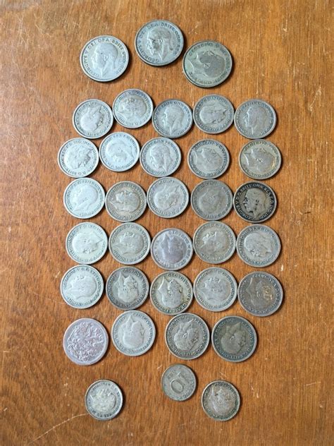 35 antique Silver coins: mostly UK Great Britain six pence SILVER coins ...