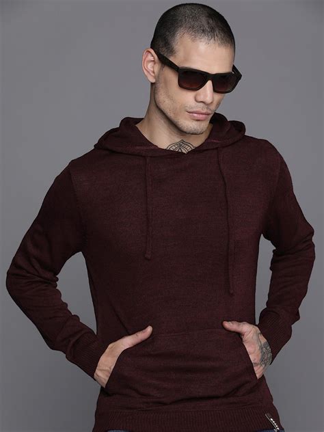 Buy WROGN Men Maroon Solid Hooded Pullover - Sweaters for Men 19547568 ...