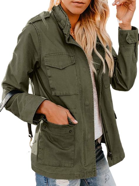 UKAP Womens Military Jacket Zip Up Snap Buttons Lightweight Utility ...