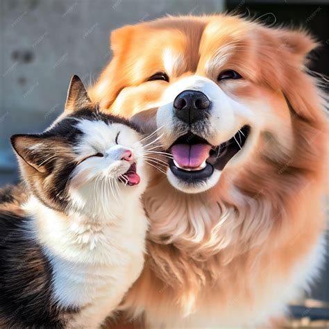 Felices amigos perros y gatos posando juntos | Foto Premium