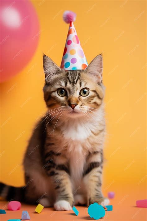 Premium AI Image | Cute cat in a birthday hat sits on the background in ...