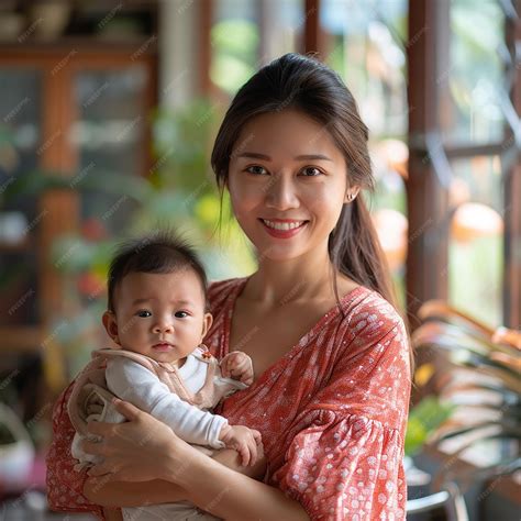 Premium Photo | A woman holding a baby and smiling with a potted plant ...