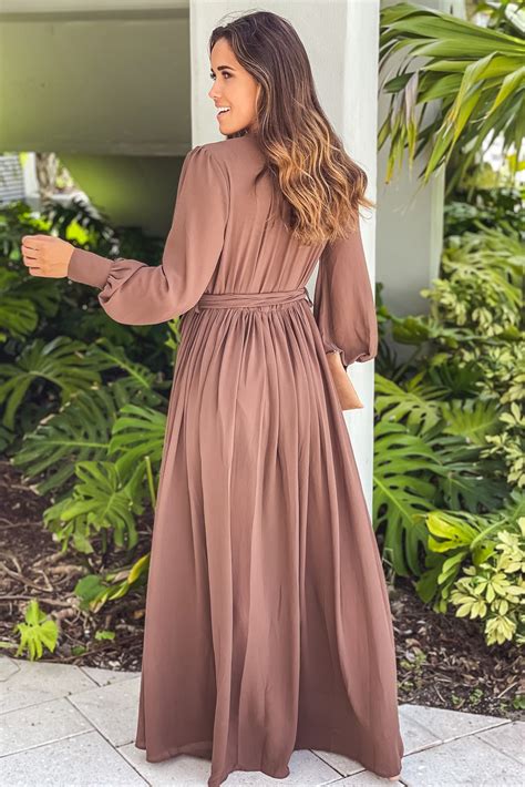 Brown Maxi Dress With Slit And Long Sleeves | Maxi Dresses – Saved by ...