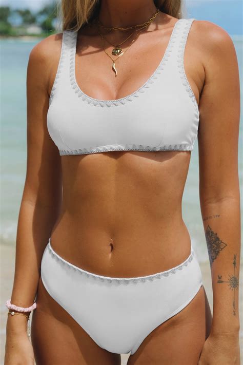White Textured Scoop Neck Bralette & Mid Rise Bikini Swimsuit