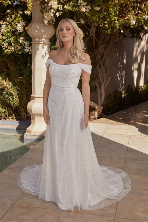 44428: Sequined Tulle Off-the-Shoulder Slim A-Line with Skirt Slit | Sincerity Bridal