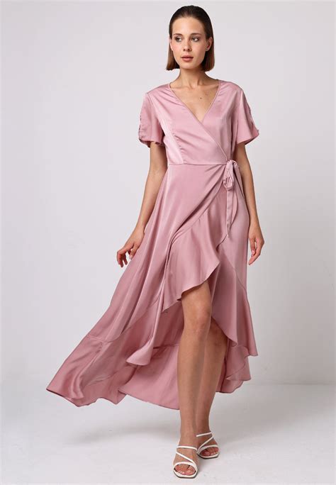 Satin Ruffle Wrap Midi Dress in Dusty Pink | ANGELEYE – jqwholesale.com