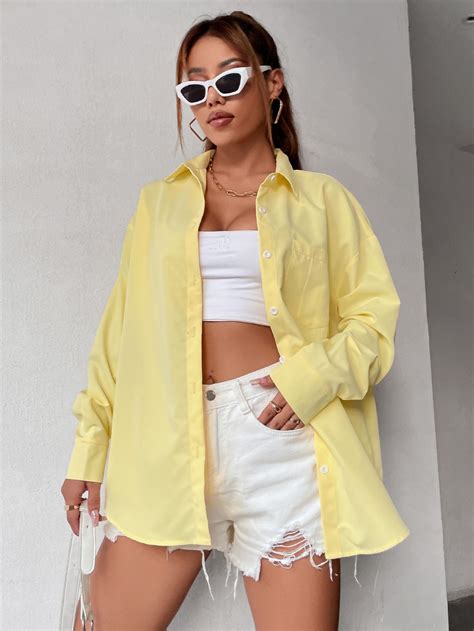 Yellow Casual Long Sleeve Polyester Plain Tunic Non-Stretch Spring ...