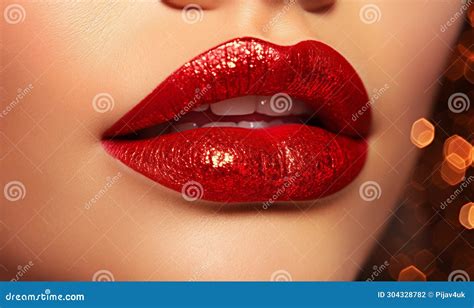 Beautiful Closeup with Female Plump Lips with Red Color Makeup. Shine ...
