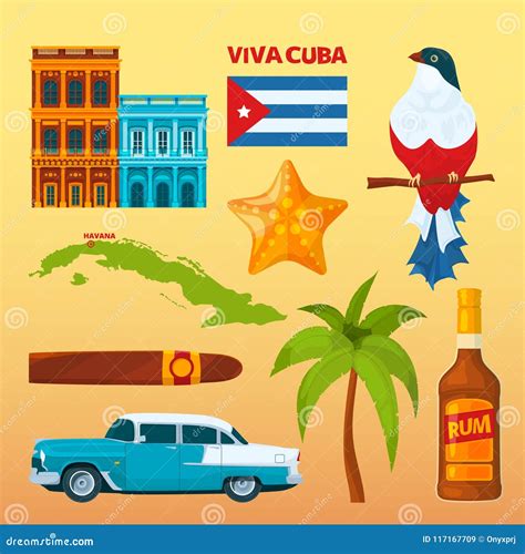 Cuba Landmarks and Cultural Symbols Stock Vector - Illustration of ...